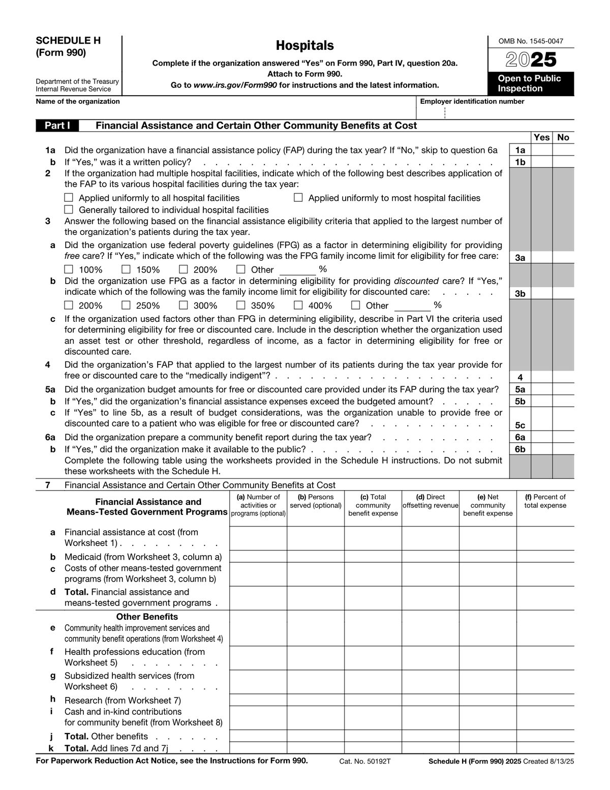 First page of the official IRS Schedule H hospital tax form.